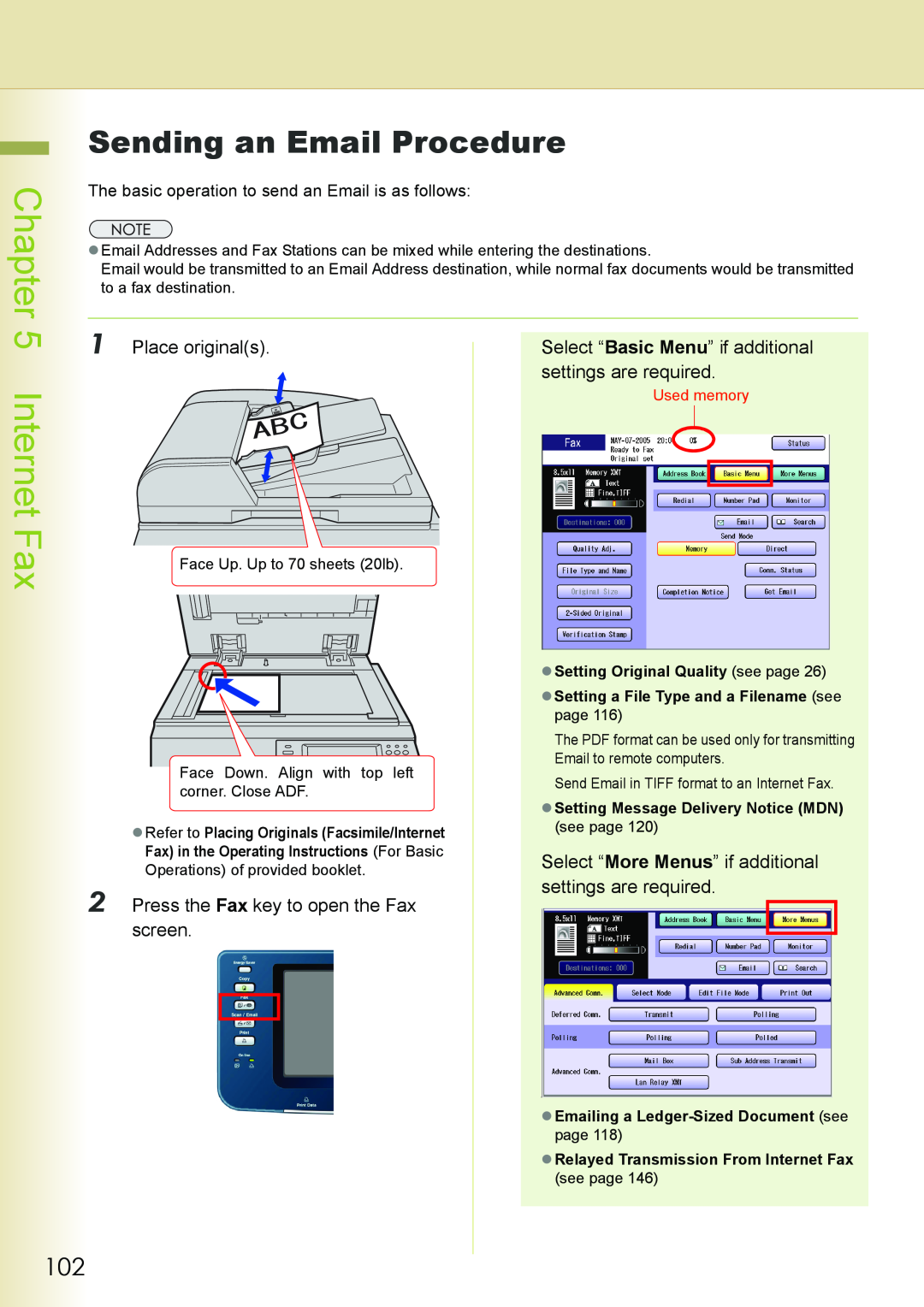 Philips DP-C262 Sending an Email Procedure, Select “More Menus” if additional, Press the Fax key to open the Fax, screen 
