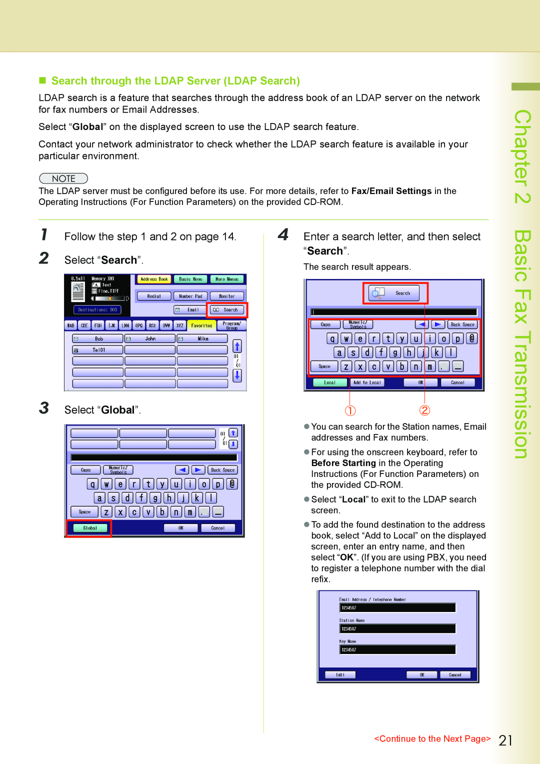 Philips DP-C262 „ Search through the LDAP Server LDAP Search, Follow the and 2 on page, Select “ Search”, Select “Global” 