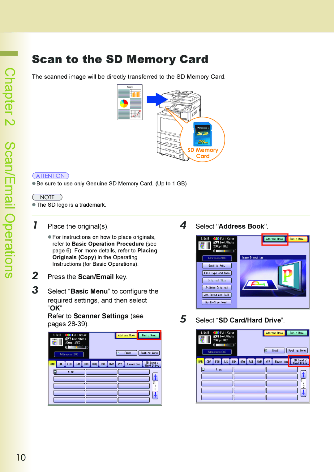 Philips DP-C262 manual Scan/Email Operations, Scan to the SD Memory Card, Select Address Book 