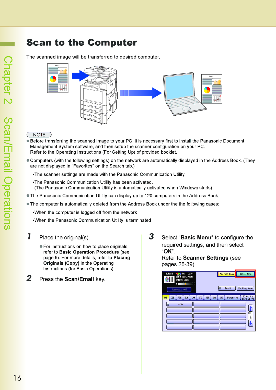 Philips DP-C262 manual Scan to the Computer, Place the originals Select Basic Menu to configure 