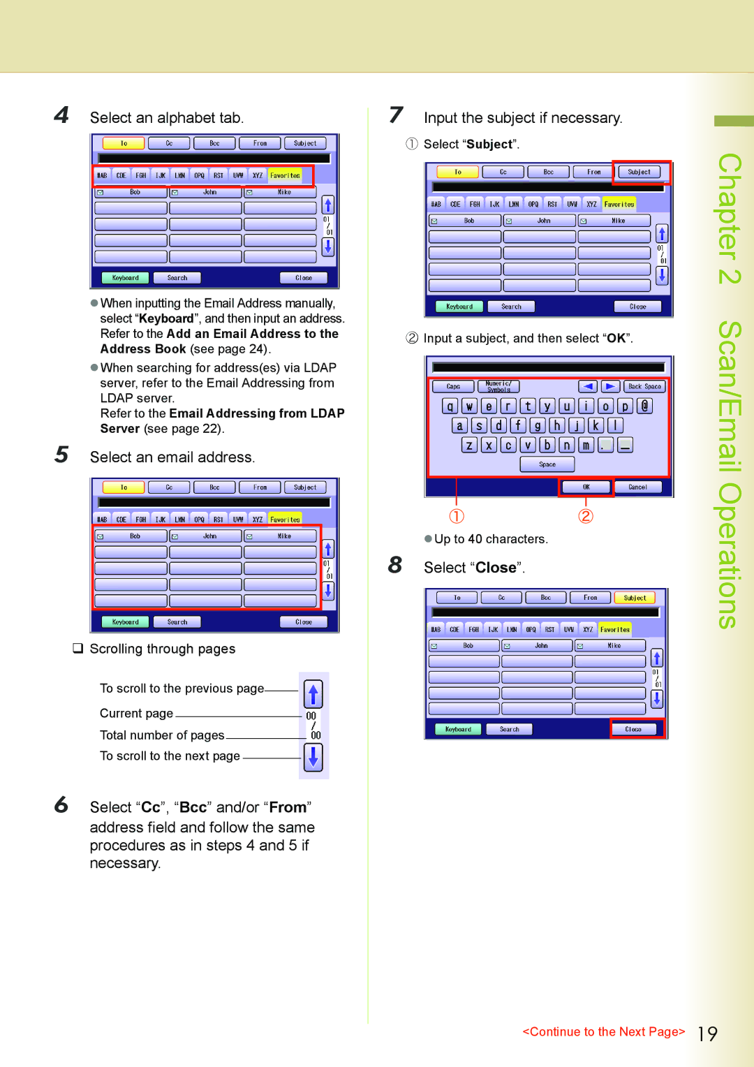 Philips DP-C262 manual Chapter, Operations, Select an alphabet tab, Select an email address, Select Close 