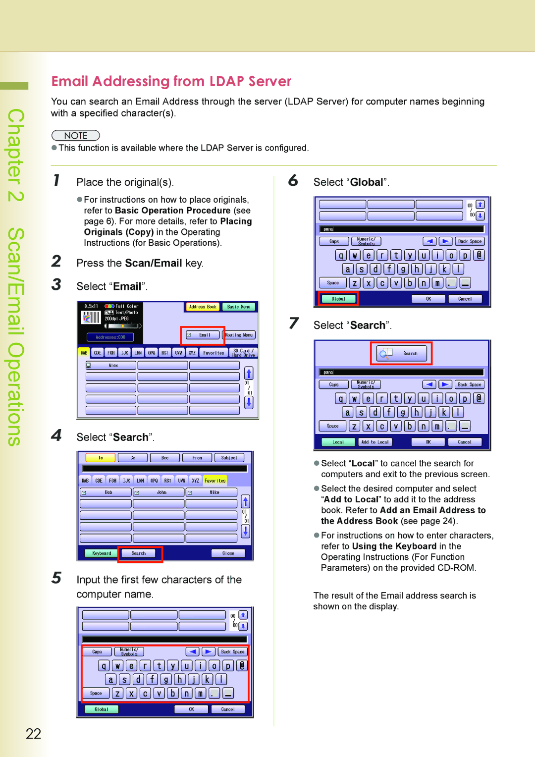 Philips DP-C262 manual Email Addressing from Ldap Server, Place the originals Select Global, Input the first few characters 