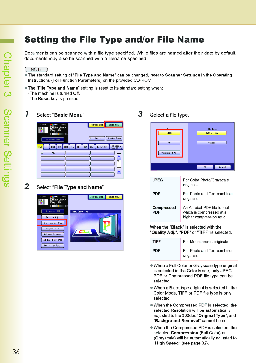 Philips DP-C262 Setting the File Type and/or File Name, Select Basic Menu Select a file type, Select File Type and Name 