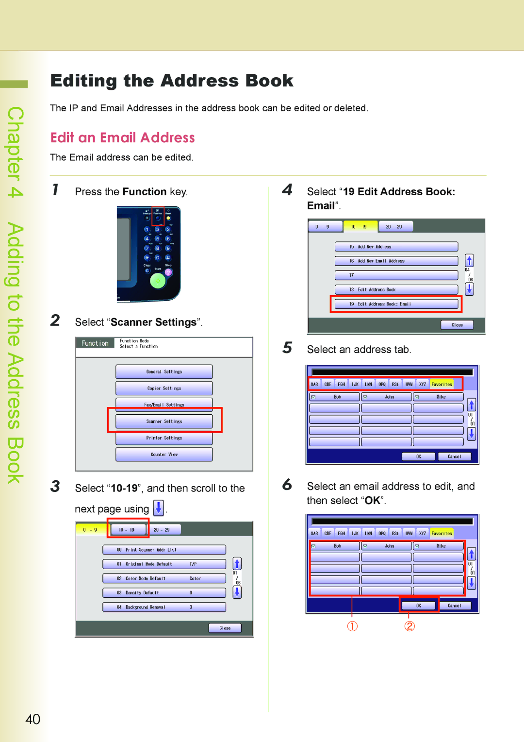 Philips DP-C262 Adding to the Address Book, Editing the Address Book, Edit an Email Address, Select 19 Edit Address Book 