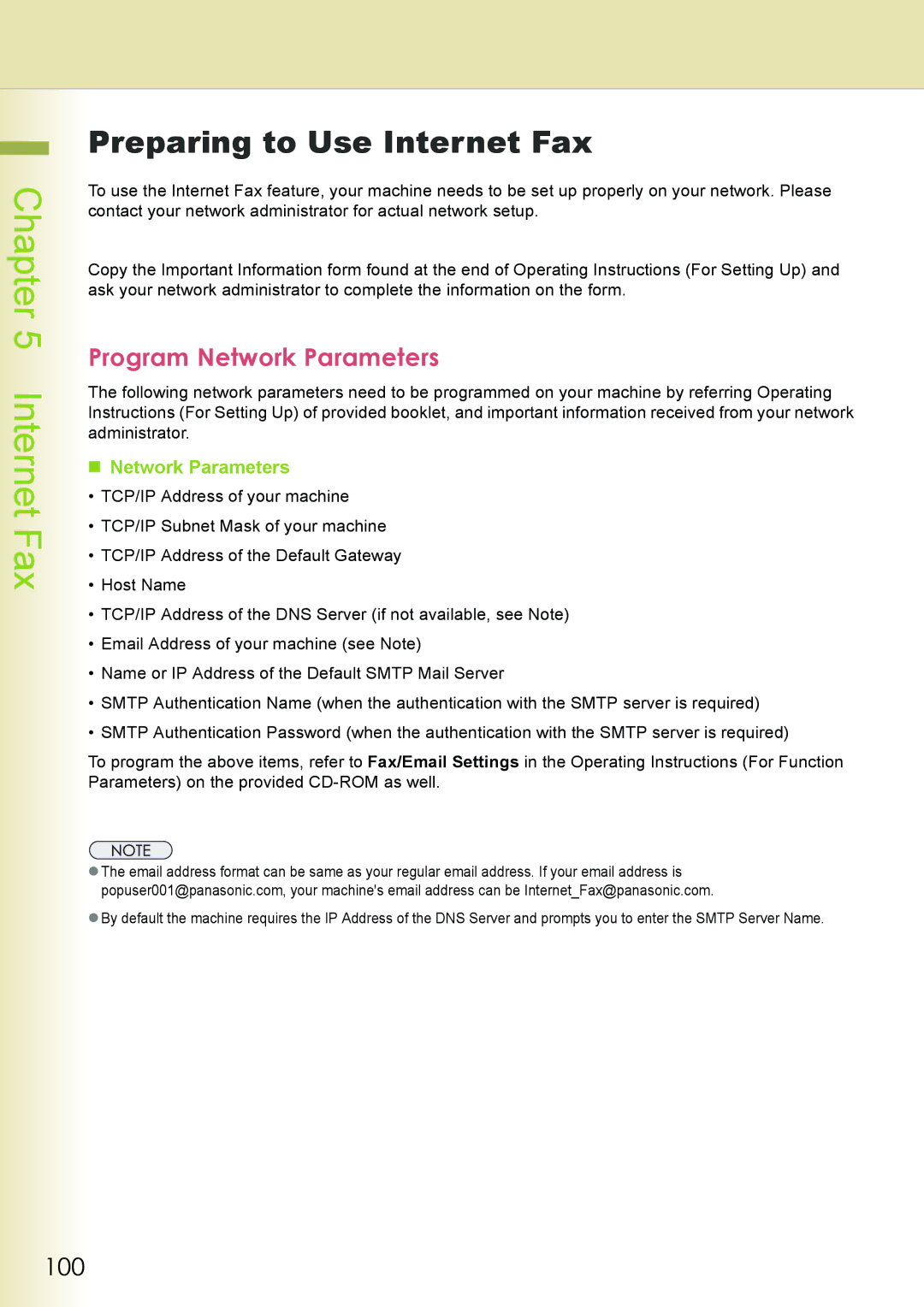 Philips DP-C262 manual Preparing to Use Internet Fax, Program Network Parameters, 100, „ Network Parameters 