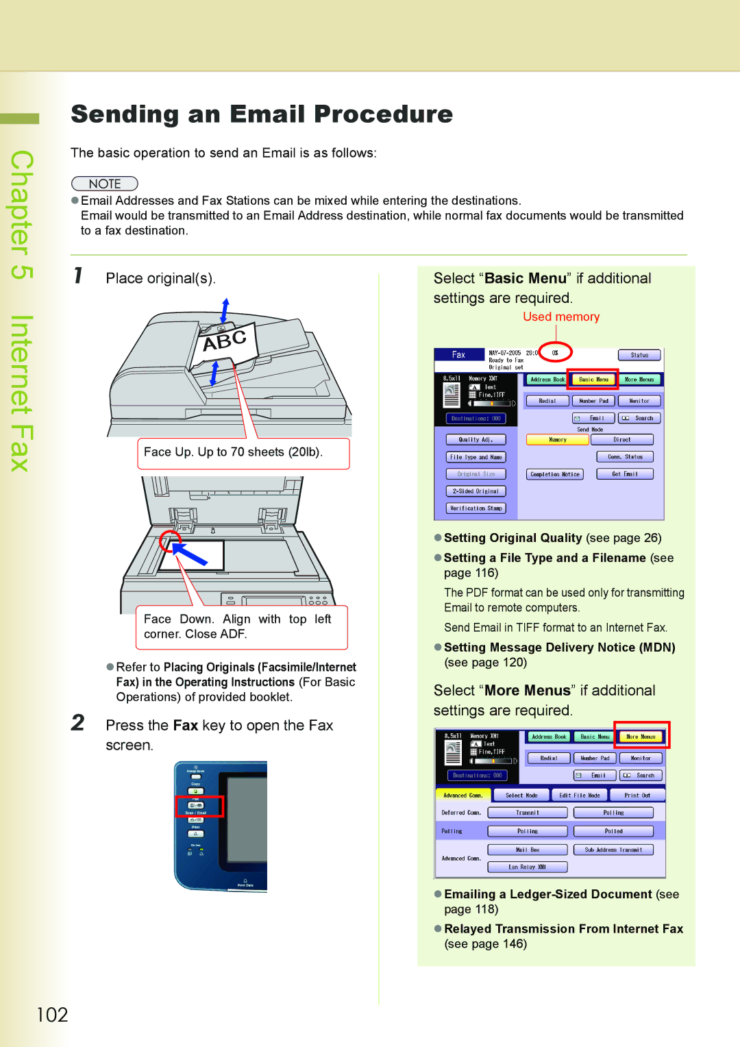 Philips DP-C262 manual Sending an Email Procedure, 102, Select More Menus if additional, Press the Fax key to open the Fax 