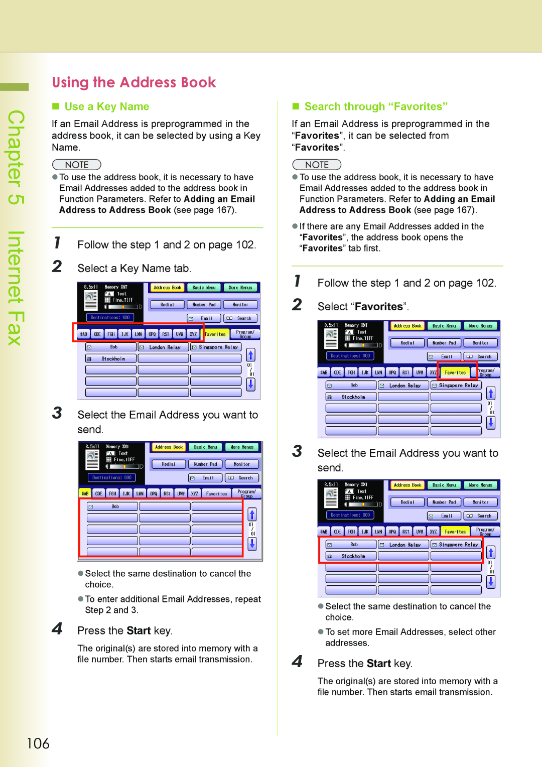 Philips DP-C262 manual 106, Select a Key Name tab, Select the Email Address you want to send, „ Search through Favorites 