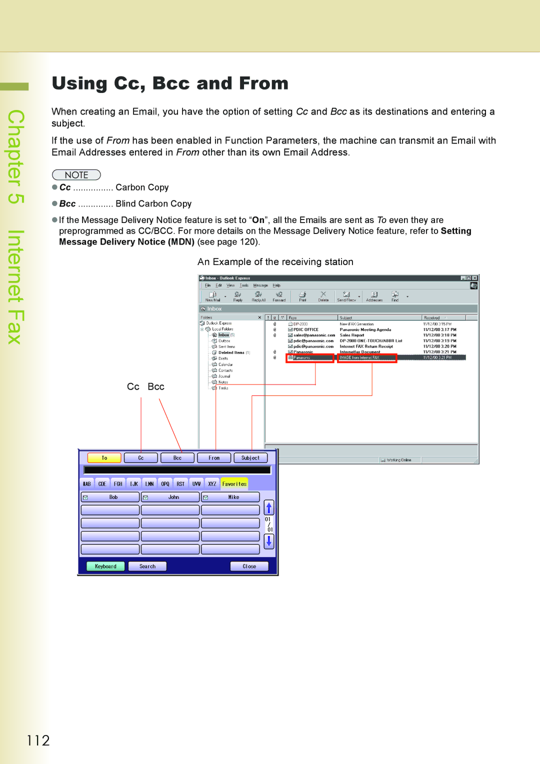 Philips DP-C262 manual Using Cc, Bcc and From, 112, An Example of the receiving station Cc Bcc 