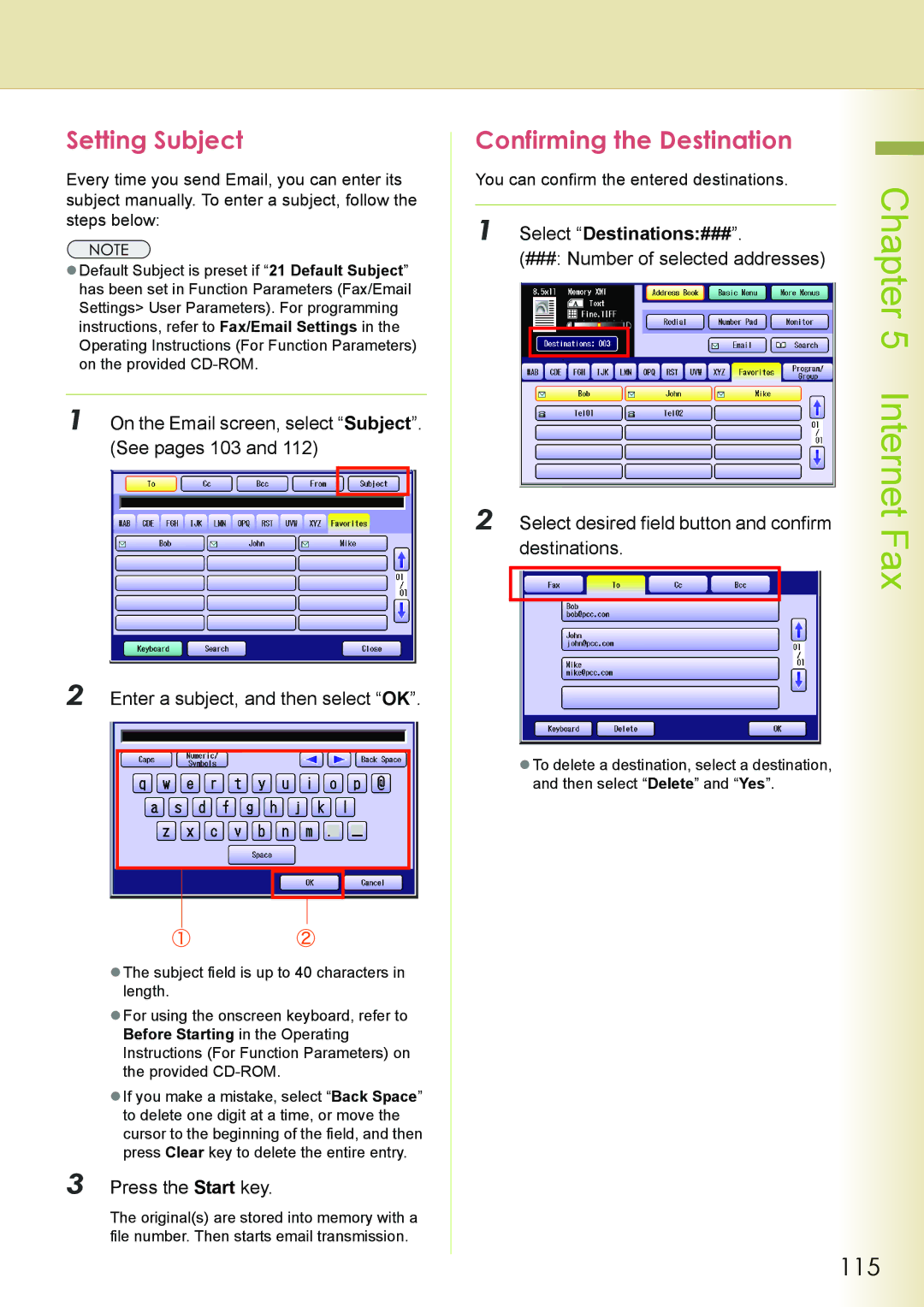 Philips DP-C262 manual Setting Subject, Confirming the Destination, 115, Select Destinations### 