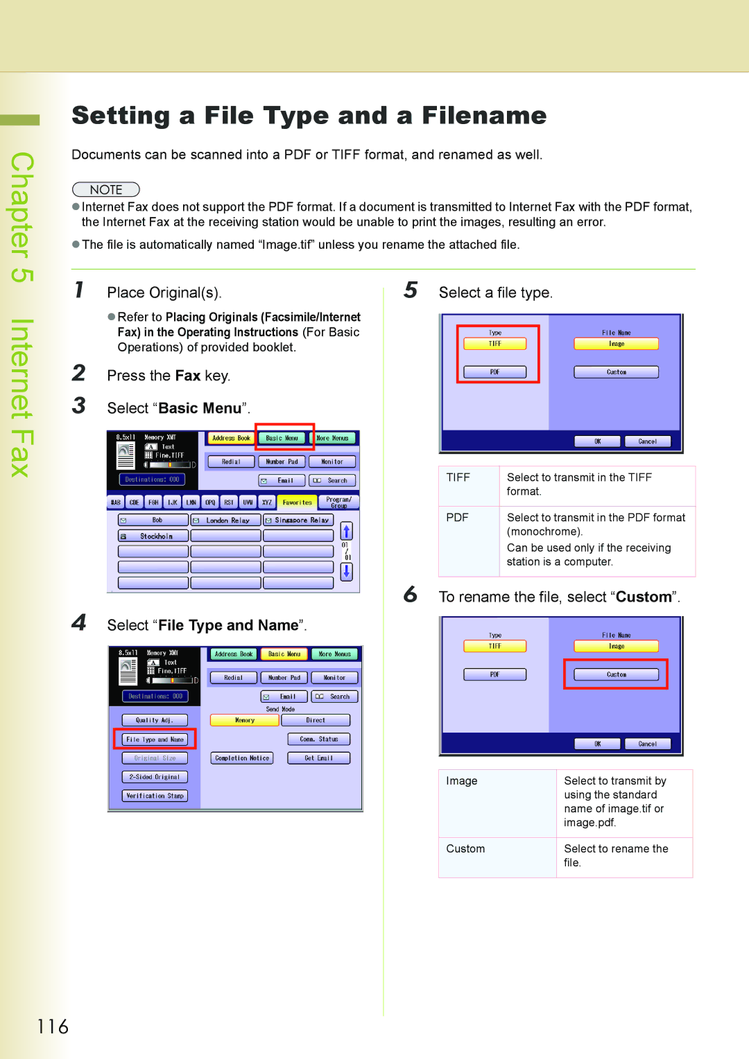 Philips DP-C262 Setting a File Type and a Filename, 116, Place Originals Select a file type, Select File Type and Name 