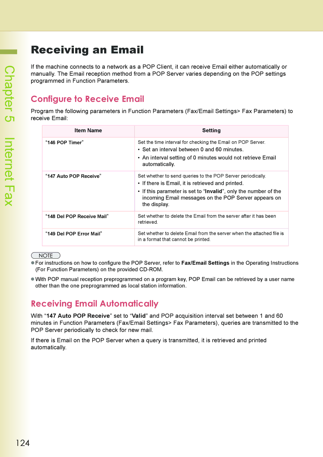 Philips DP-C262 Receiving an Email, Configure to Receive Email, Receiving Email Automatically, 124, Item Name Setting 