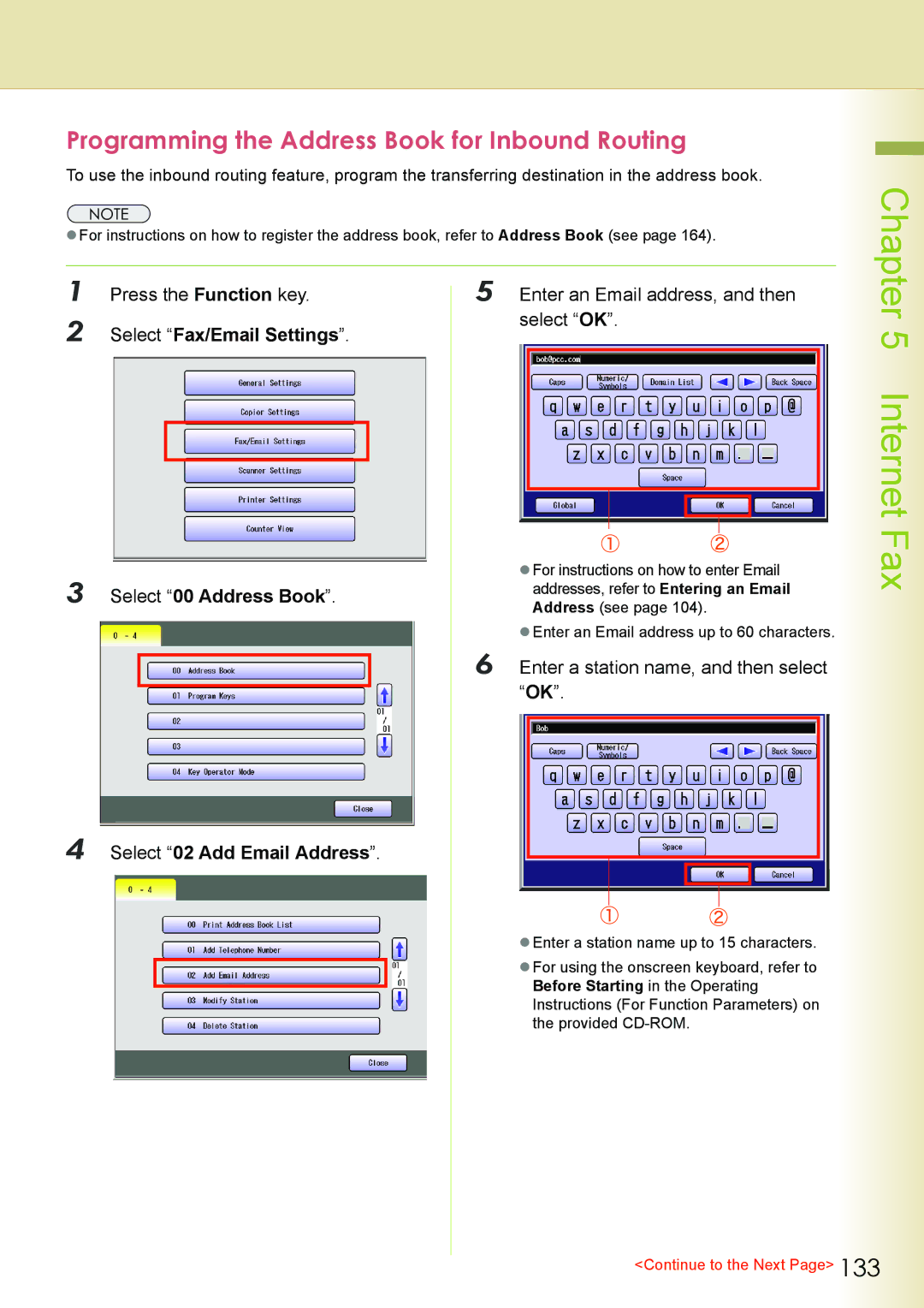 Philips DP-C262 manual Programming the Address Book for Inbound Routing, Select Fax/Email Settings, Select 00 Address Book 