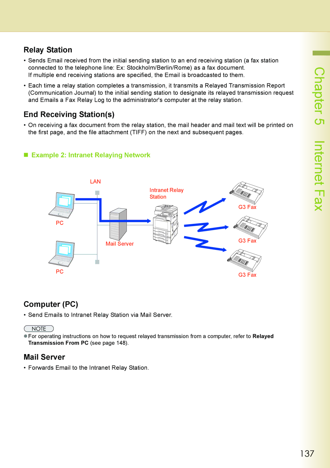 Philips DP-C262 manual 137, „ Example 2 Intranet Relaying Network, Send Emails to Intranet Relay Station via Mail Server 