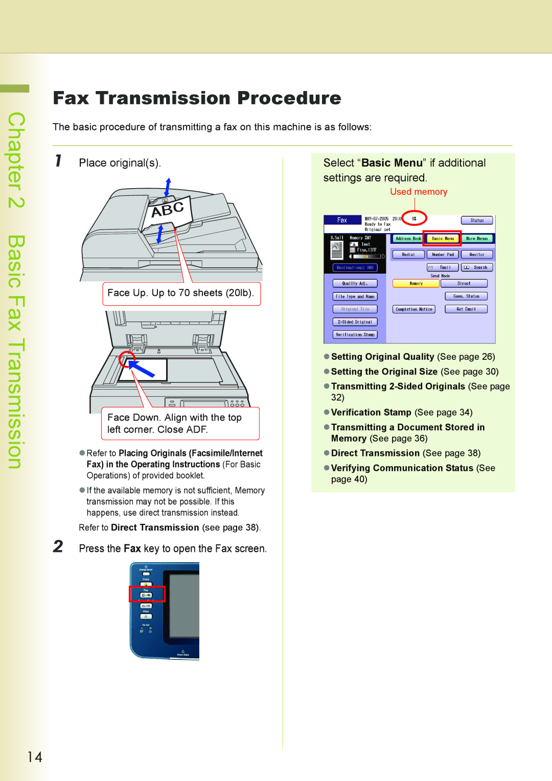 Philips DP-C262 manual Basic Fax Transmission, Fax Transmission Procedure, Press the Fax key to open the Fax screen 