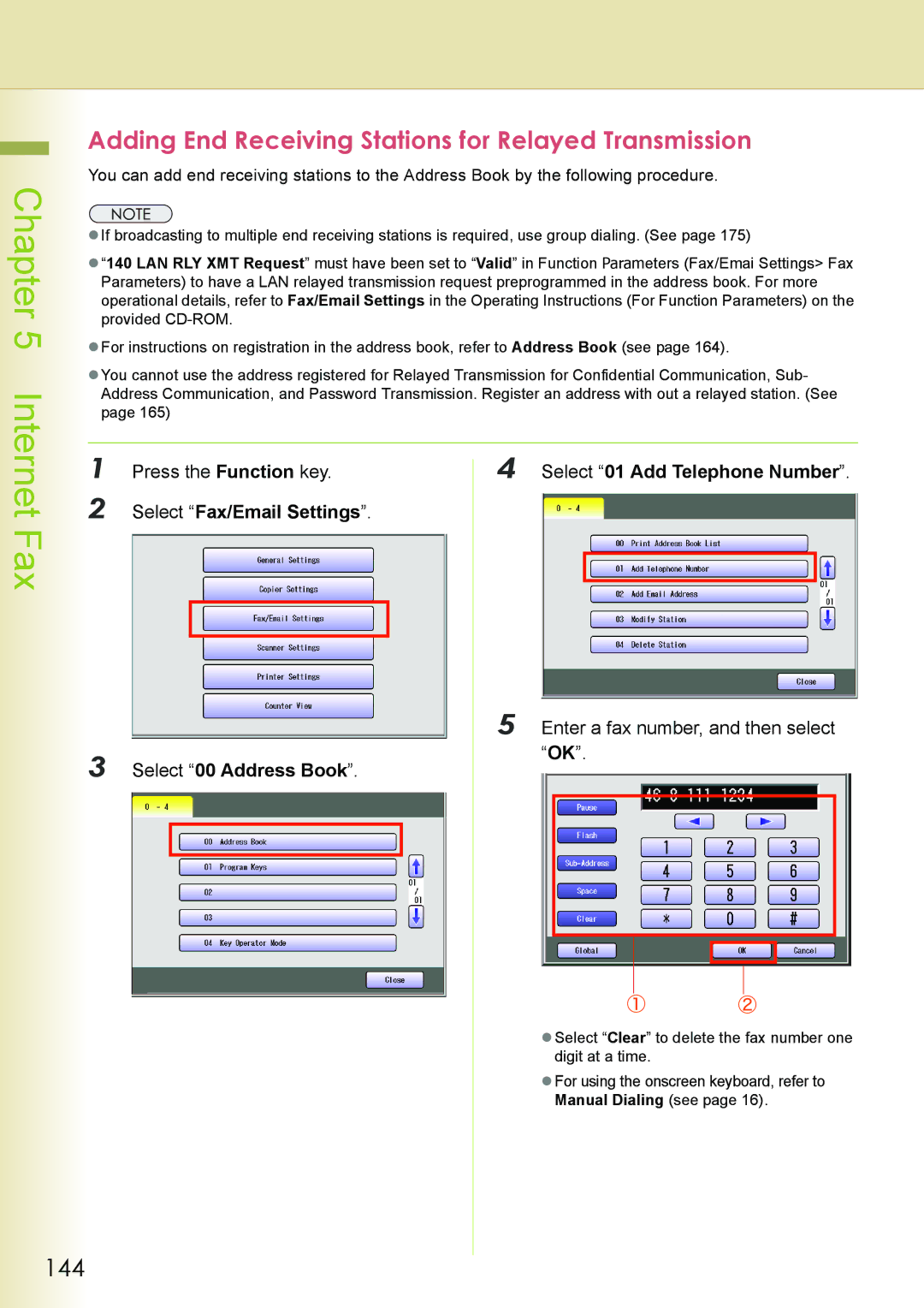 Philips DP-C262 manual 144, Adding End Receiving Stations for Relayed Transmission, Press the Function key 