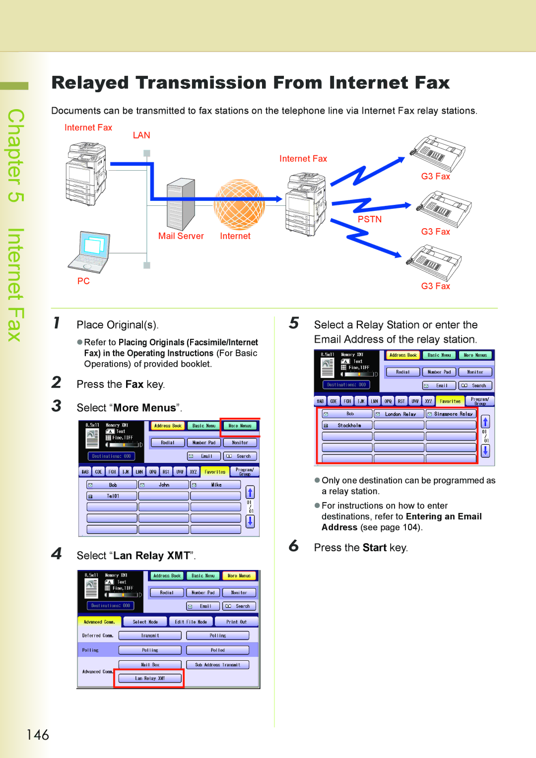 Philips DP-C262 manual Relayed Transmission From Internet Fax, 146, Place Originals Select a Relay Station or enter 