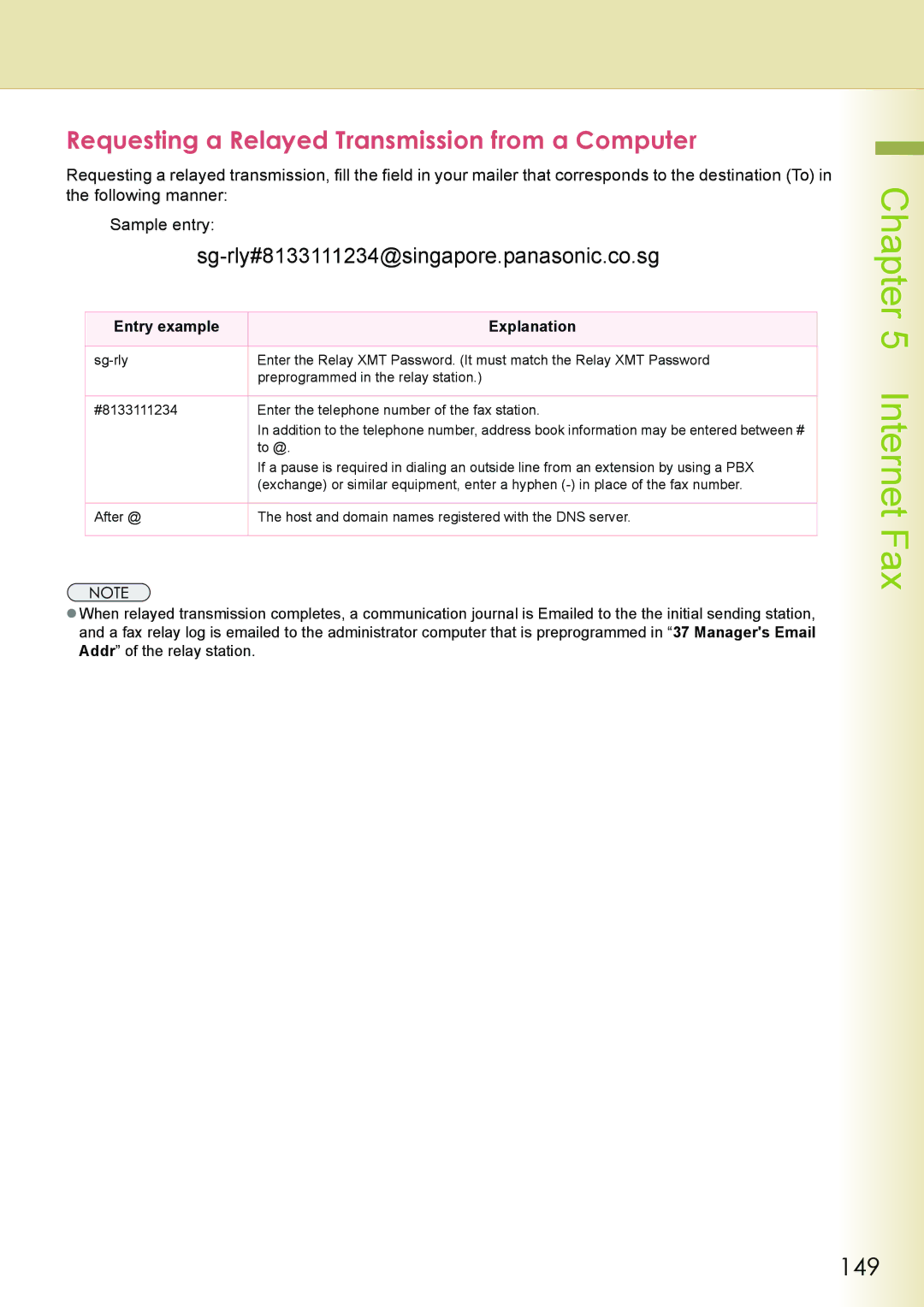 Philips DP-C262 manual Requesting a Relayed Transmission from a Computer, 149, Entry example Explanation 