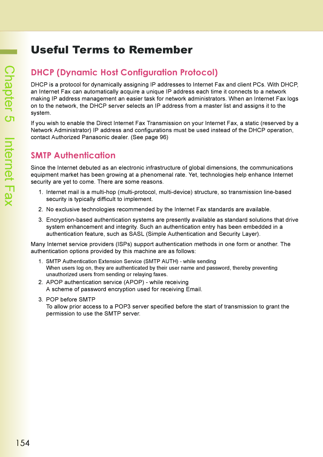 Philips DP-C262 manual Useful Terms to Remember, Dhcp Dynamic Host Configuration Protocol, Smtp Authentication, 154 