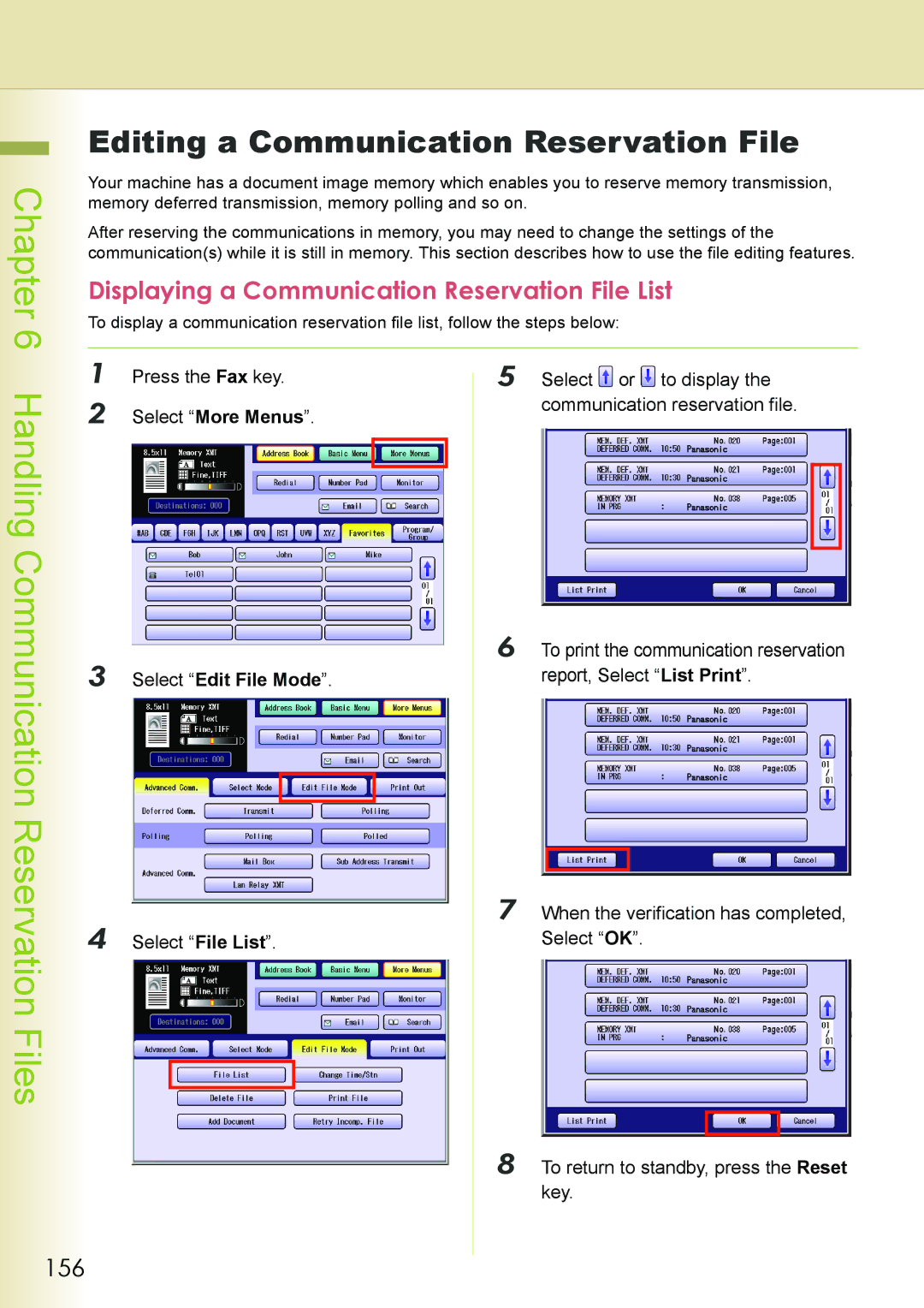 Philips DP-C262 manual Handling Communication Reservation Files, 156, Displaying a Communication Reservation File List 