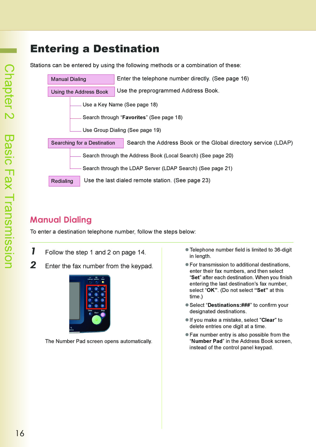 Philips DP-C262 manual Entering a Destination, Manual Dialing, Follow the and 2 on Enter the fax number from the keypad 