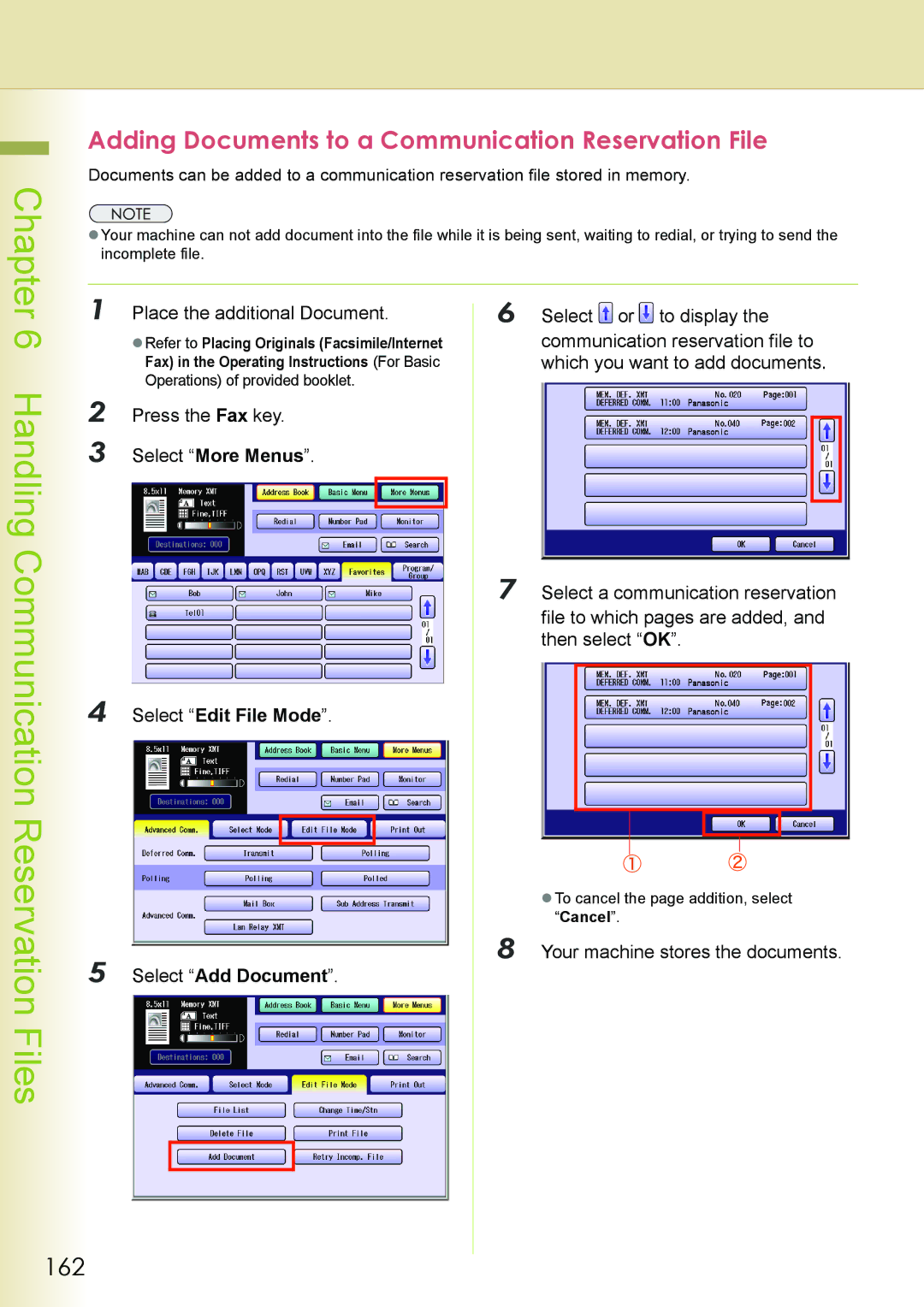 Philips DP-C262 manual Adding Documents to a Communication Reservation File, 162, Select Edit File Mode Select Add Document 