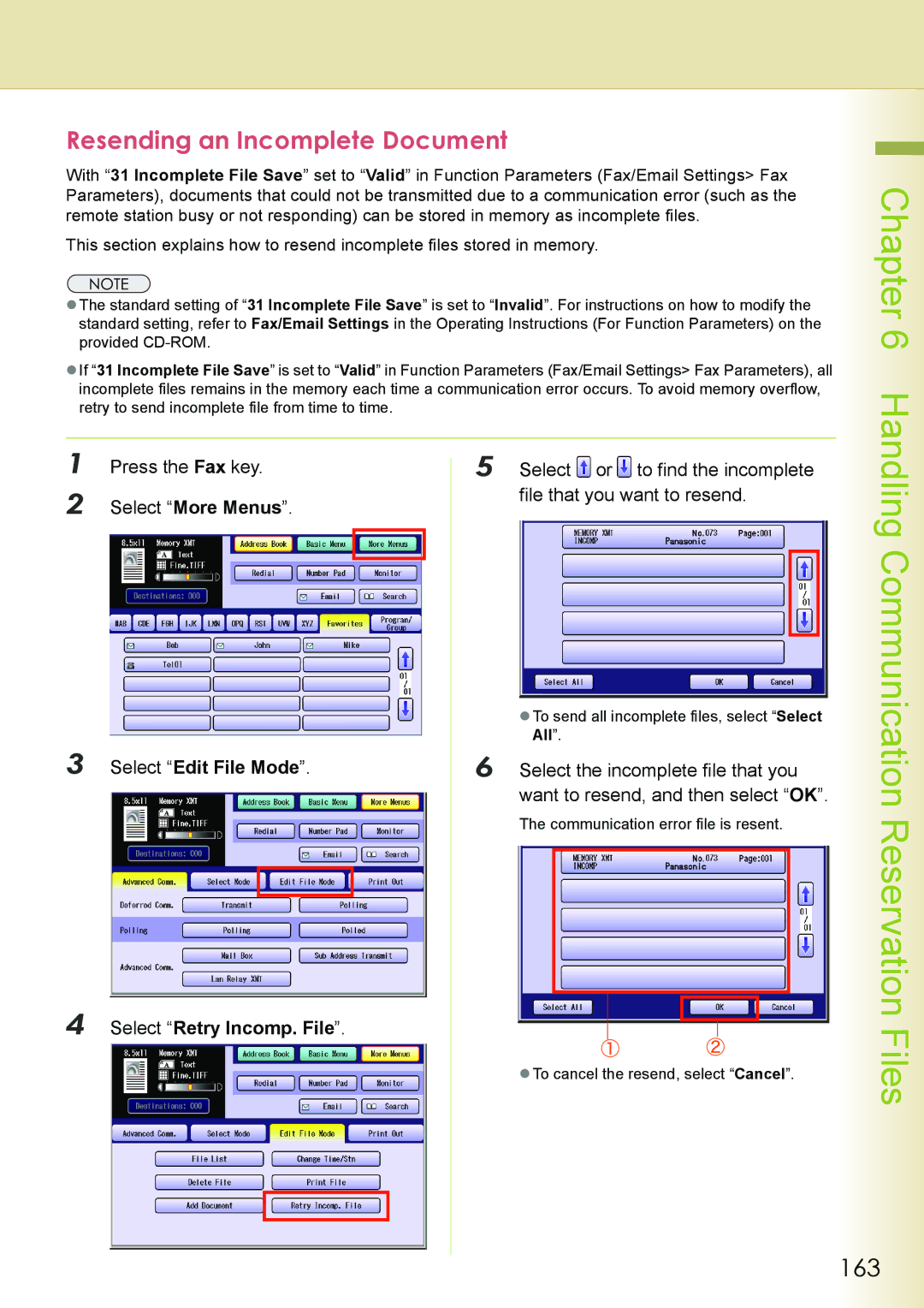 Philips DP-C262 Resending an Incomplete Document, 163, Select the incomplete file that you, Select Retry Incomp. File 