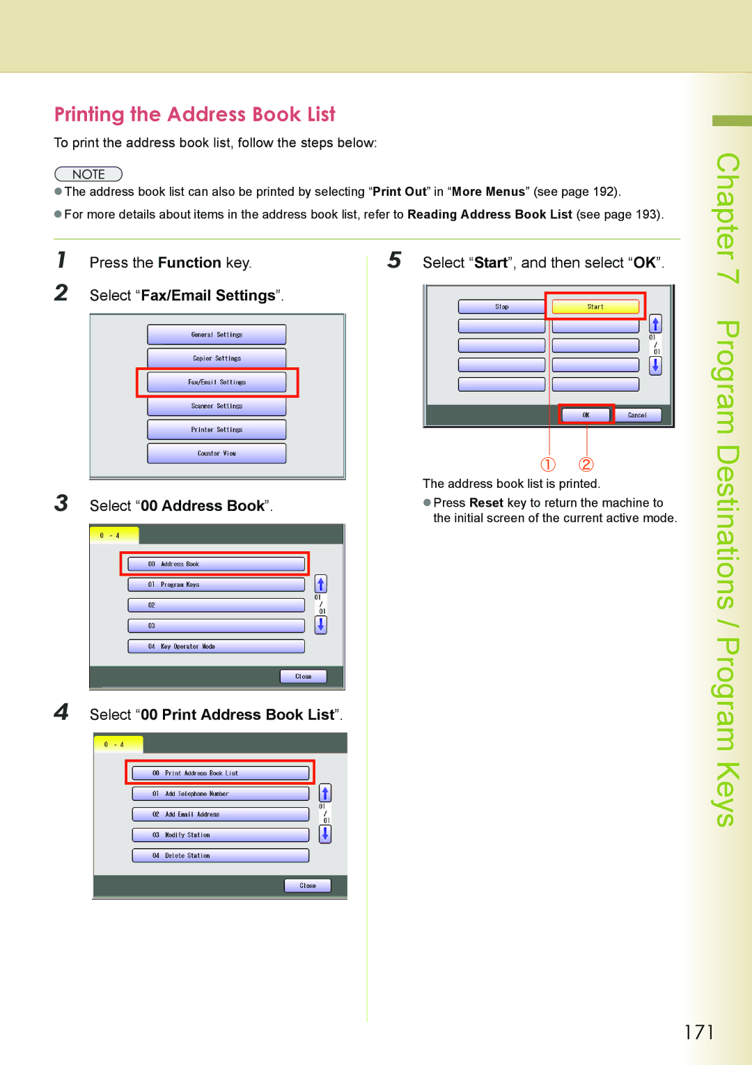 Philips DP-C262 manual Printing the Address Book List, 171, Press the Function key Select Start, and then select OK 