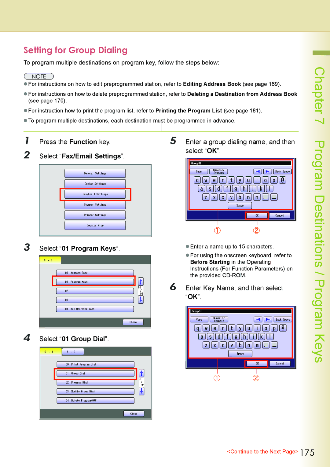 Philips DP-C262 manual Setting for Group Dialing, Press the Function key Enter a group dialing name, and then 