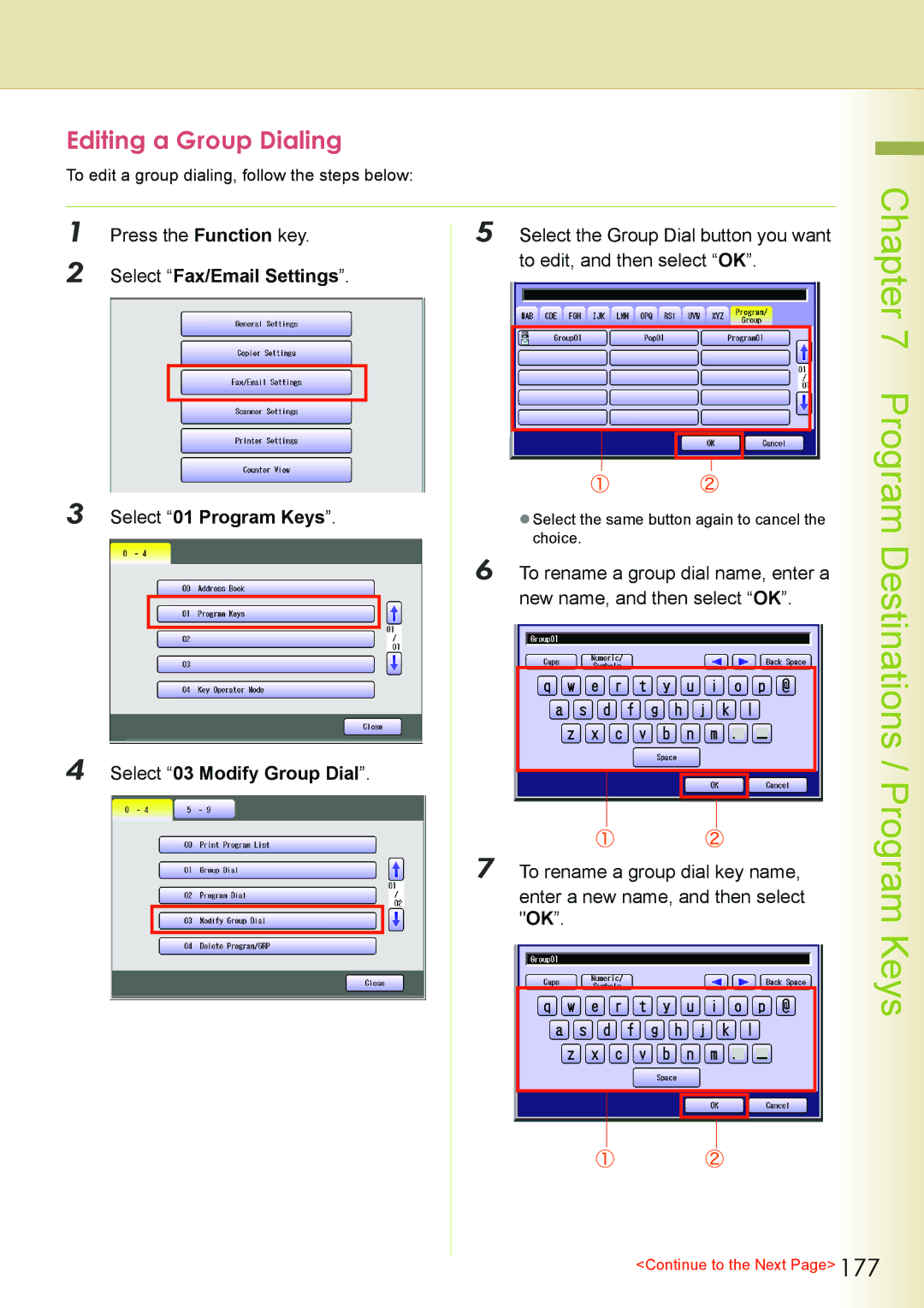 Philips DP-C262 manual Editing a Group Dialing, To edit, and then select OK, To rename a group dial name, enter a 