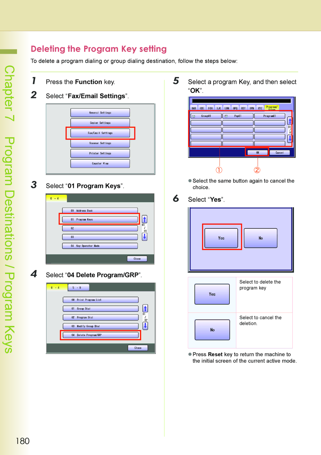 Philips DP-C262 manual 180, Deleting the Program Key setting, Select Fax/Email Settings Select 01 Program Keys 