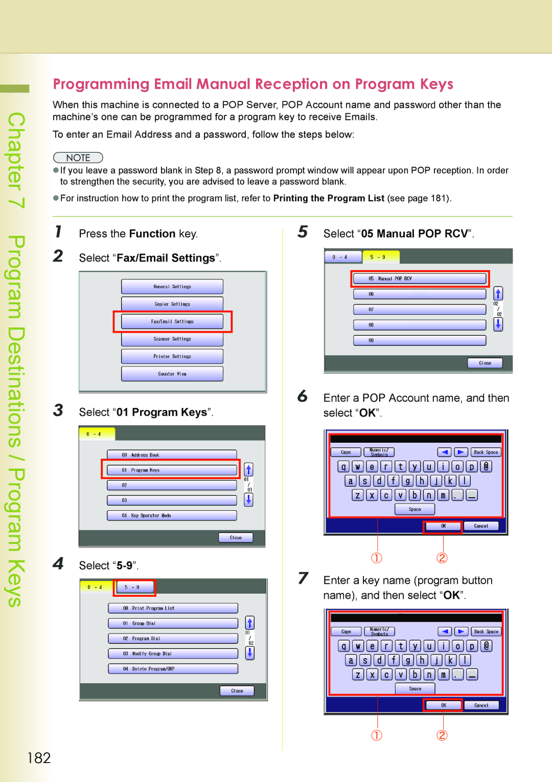 Philips DP-C262 manual Program Destinations / Program, Programming Email Manual Reception on Program Keys, 182 