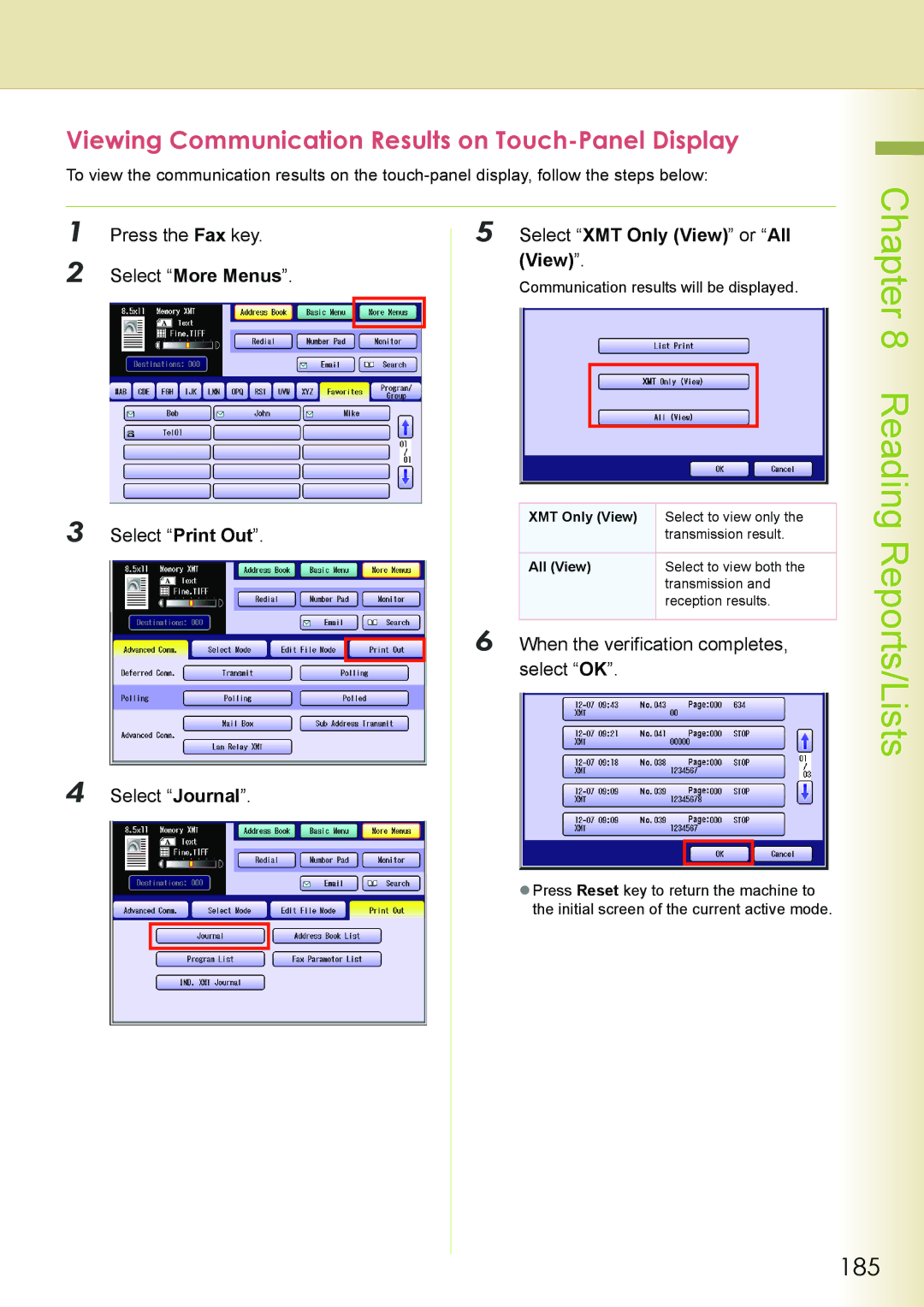 Philips DP-C262 manual Viewing Communication Results on Touch-Panel Display, 185, Select XMT Only View or All View 