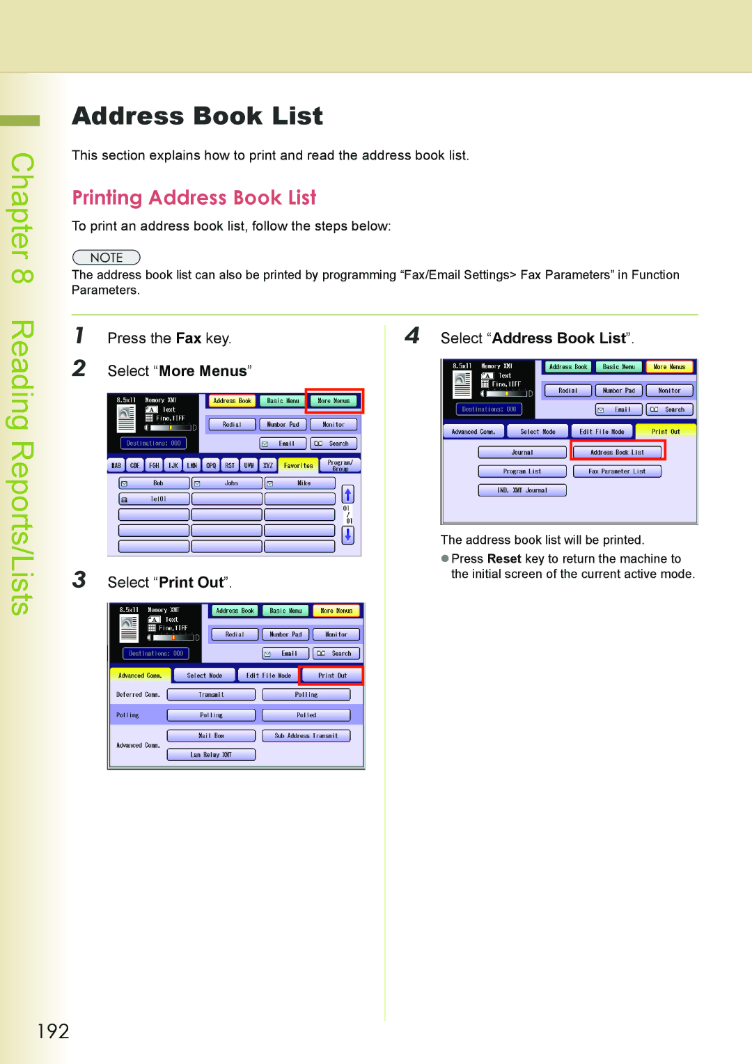 Philips DP-C262 manual Printing Address Book List, 192, Press the Fax key. Select More Menus Select Print Out 