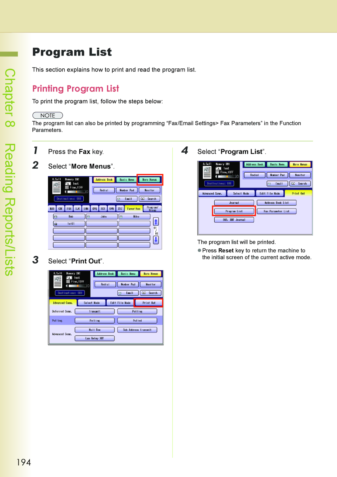 Philips DP-C262 manual Printing Program List, 194, Select Program List 