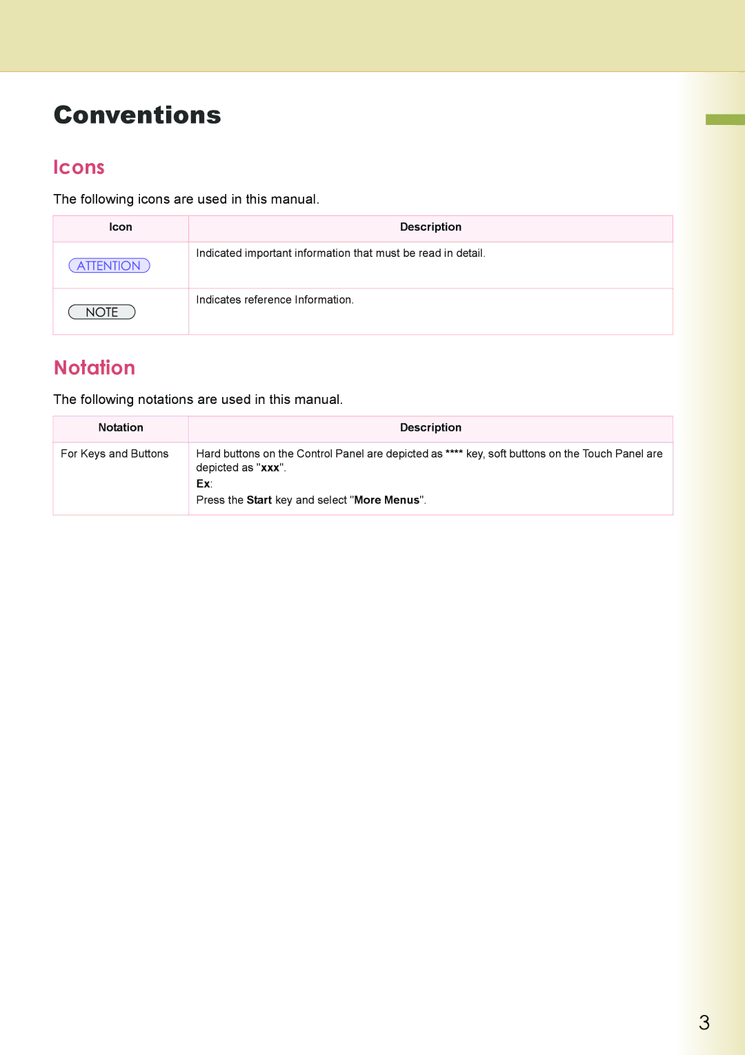 Philips DP-C262 Conventions, Icons, Notation, Following icons are used in this manual 