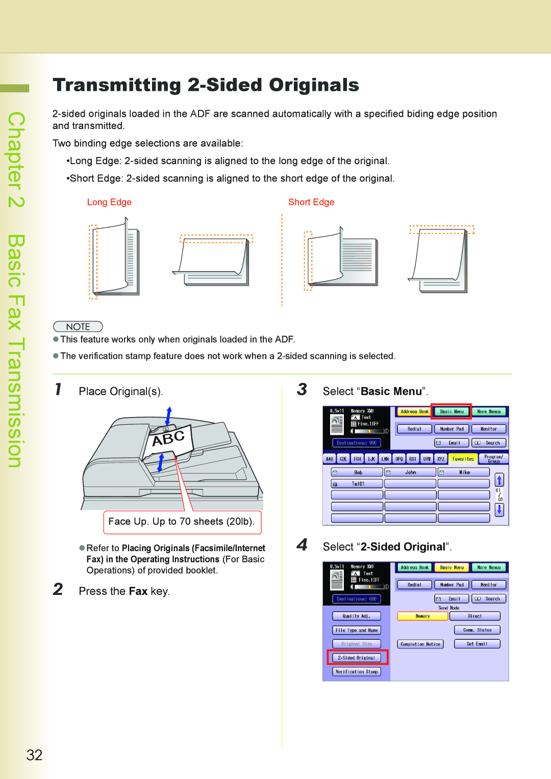 Philips DP-C262 manual Transmitting 2-Sided Originals, Place Originals Select Basic Menu, Select 2-Sided Original 