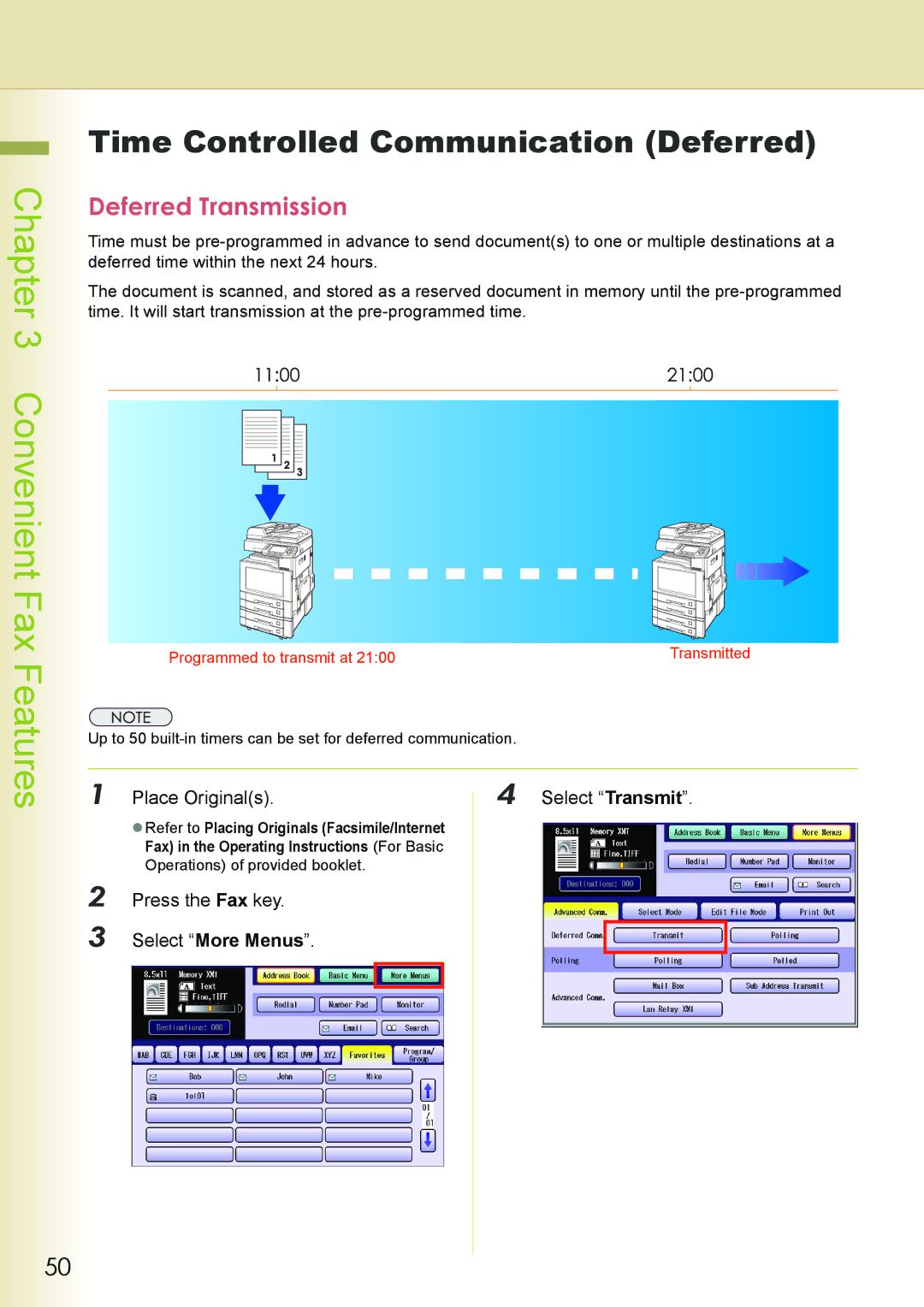 Philips DP-C262 manual Convenient Fax Features, Deferred Transmission, Place Originals Select Transmit 