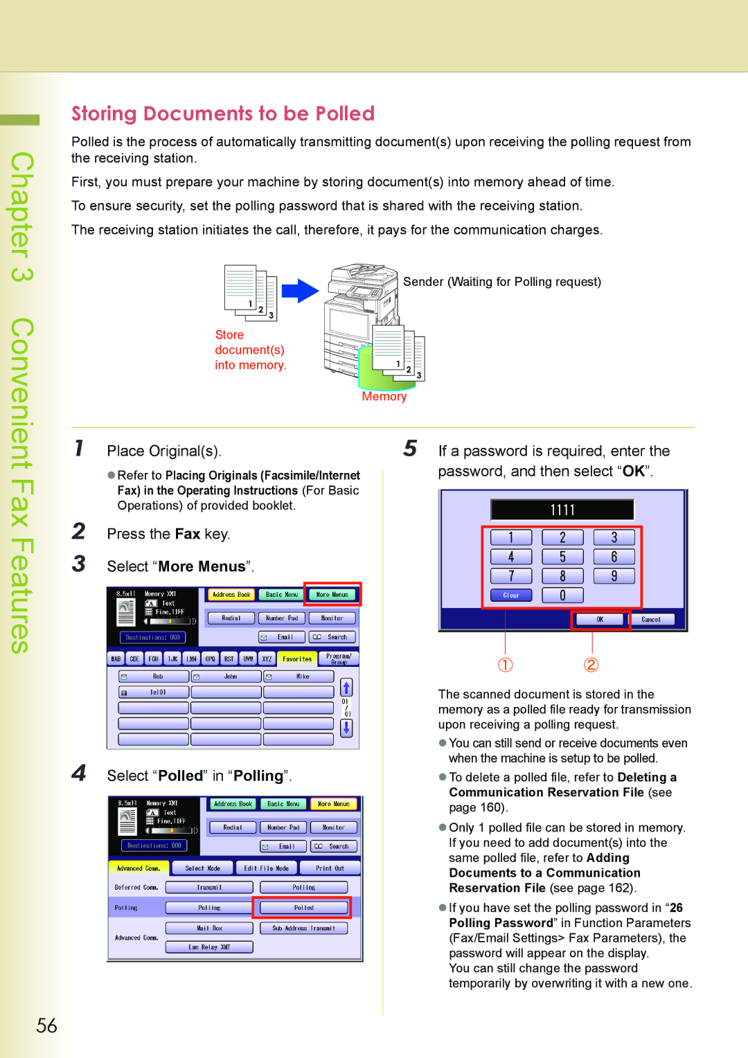 Philips DP-C262 Storing Documents to be Polled, Place Originals If a password is required, enter, Select Polled in Polling 