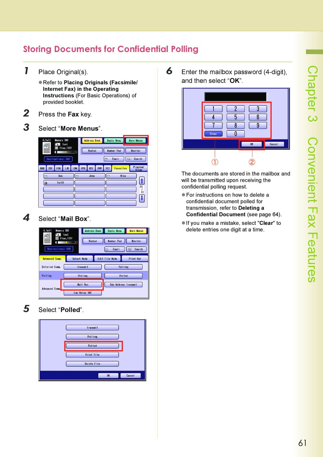 Philips DP-C262 manual Storing Documents for Confidential Polling, Select Polled, ZRefer to Placing Originals Facsimile 