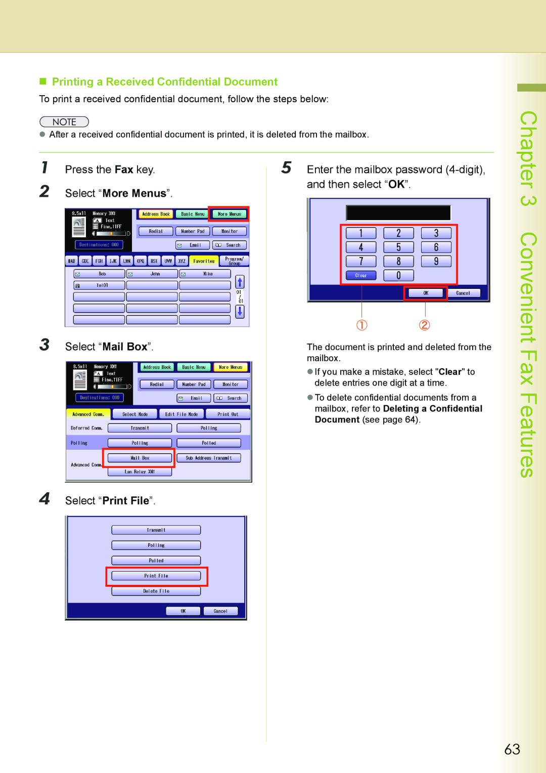Philips DP-C262 „ Printing a Received Confidential Document, Select Print File, Mailbox, refer to Deleting a Confidential 