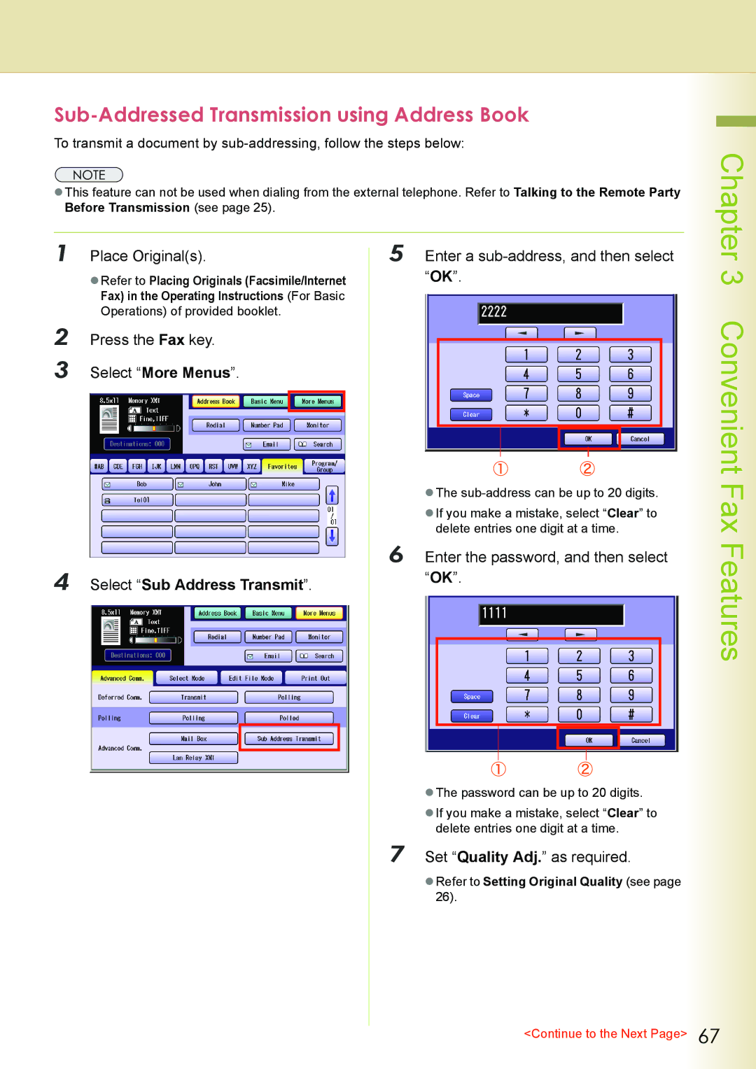 Philips DP-C262 manual Sub-Addressed Transmission using Address Book, Place Originals Enter a sub-address, and then select 