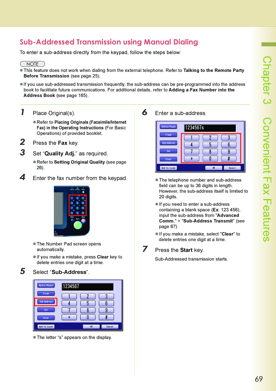 Philips DP-C262 Sub-Addressed Transmission using Manual Dialing, Place Originals Enter a sub-address, Select Sub-Address 