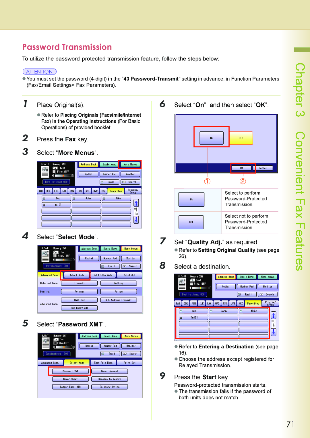 Philips DP-C262 manual Password Transmission, Place Originals Select On, and then select OK, Select Select Mode 