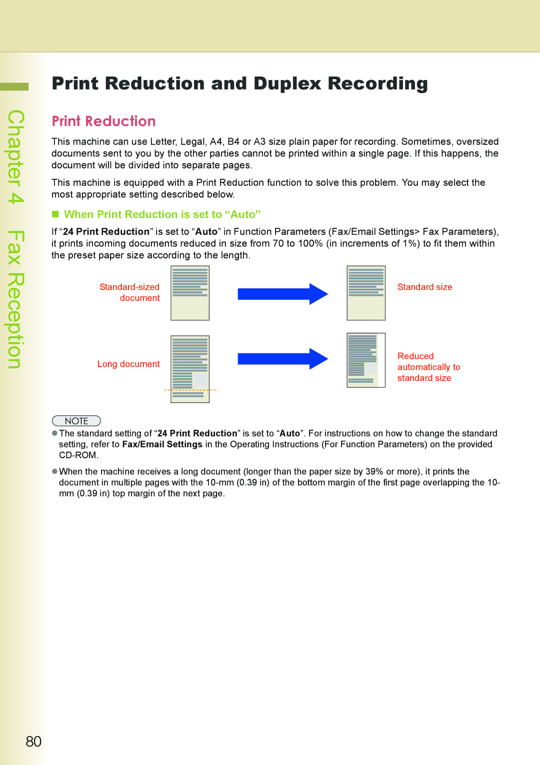 Philips DP-C262 manual Print Reduction and Duplex Recording, „ When Print Reduction is set to Auto 