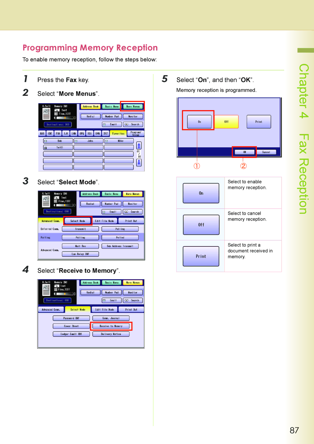 Philips DP-C262 manual Programming Memory Reception, Press the Fax key Select On, and then OK Select More Menus 