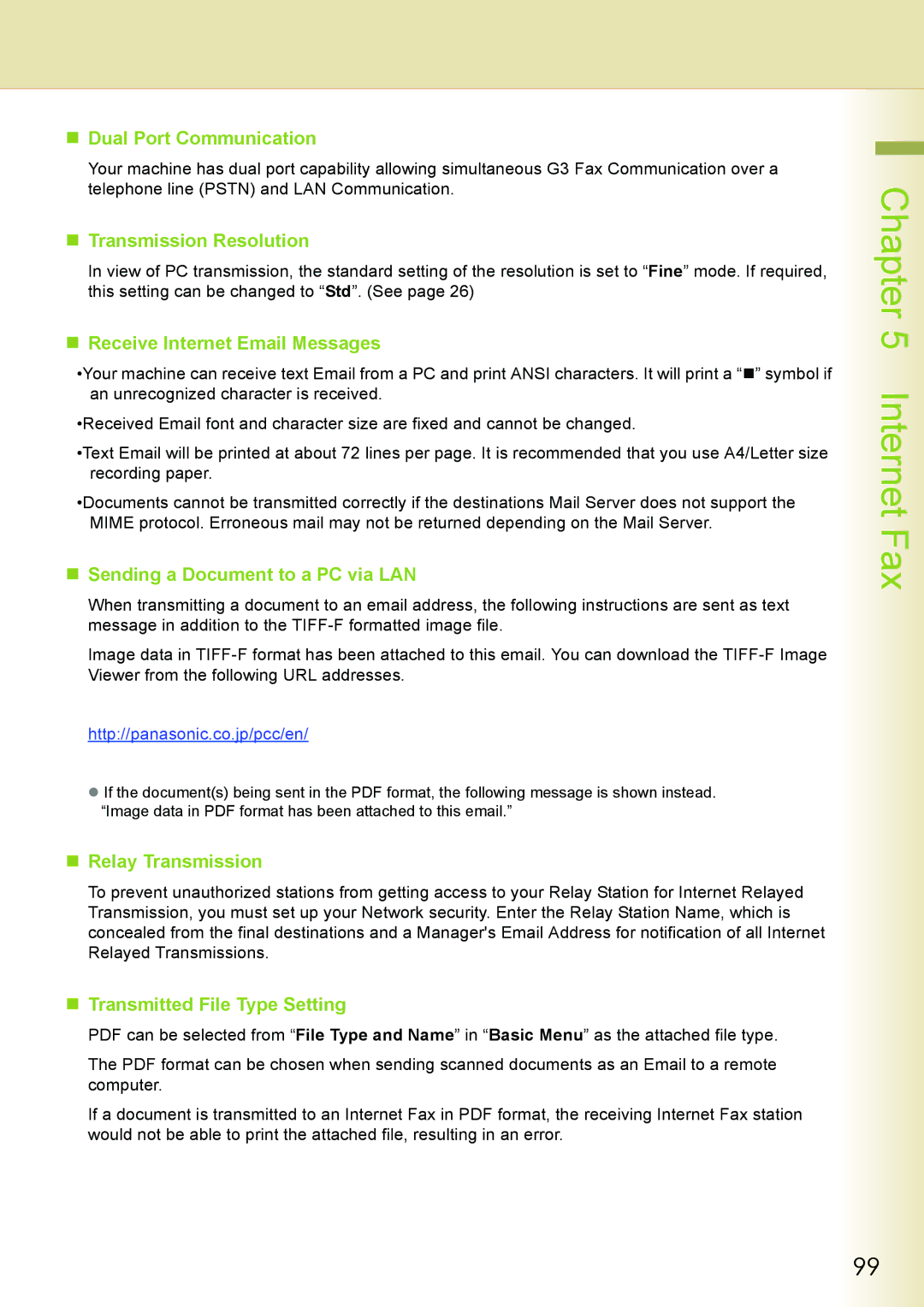 Philips DP-C262 manual „ Dual Port Communication, „ Transmission Resolution, „ Receive Internet Email Messages 