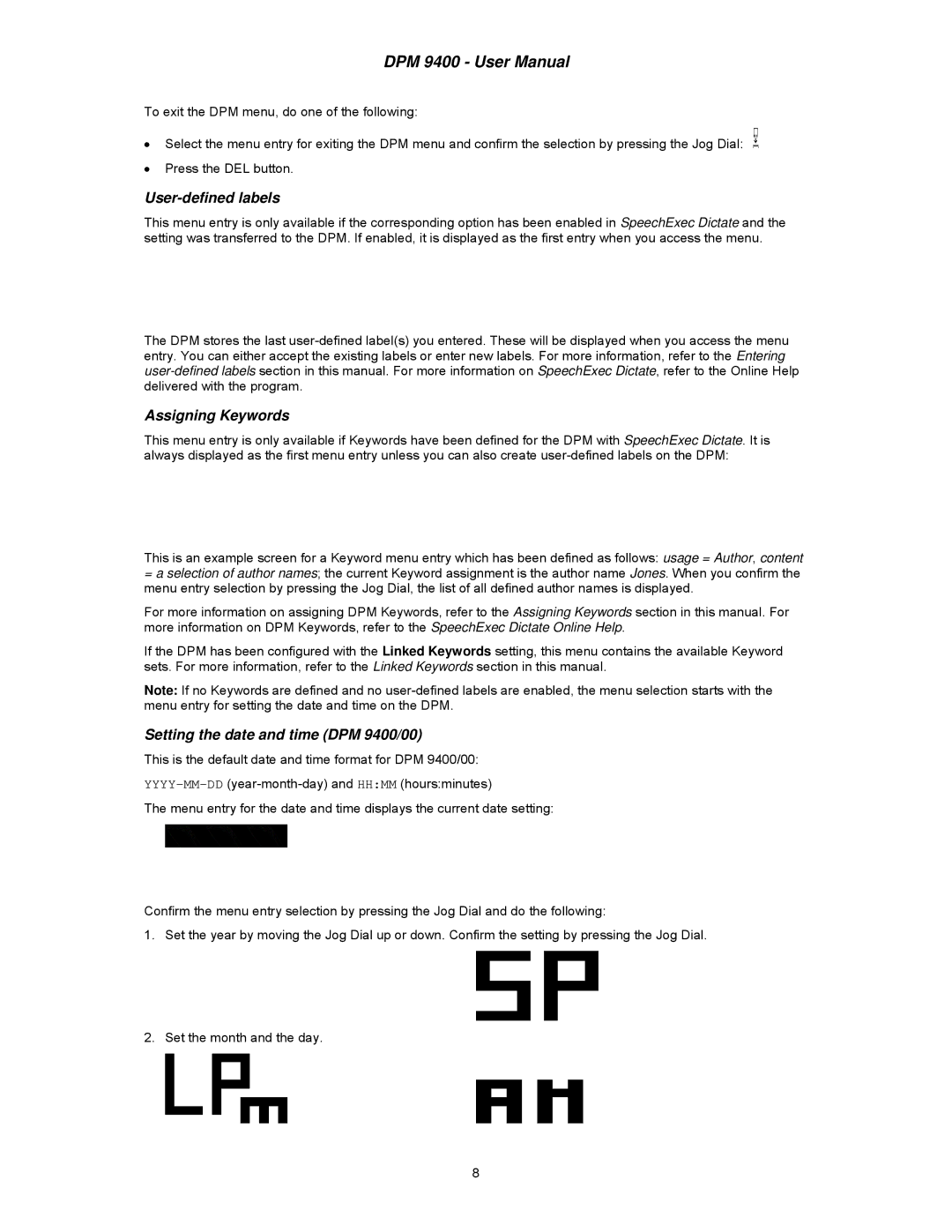 Philips user manual User-defined labels, Assigning Keywords, Setting the date and time DPM 9400/00 