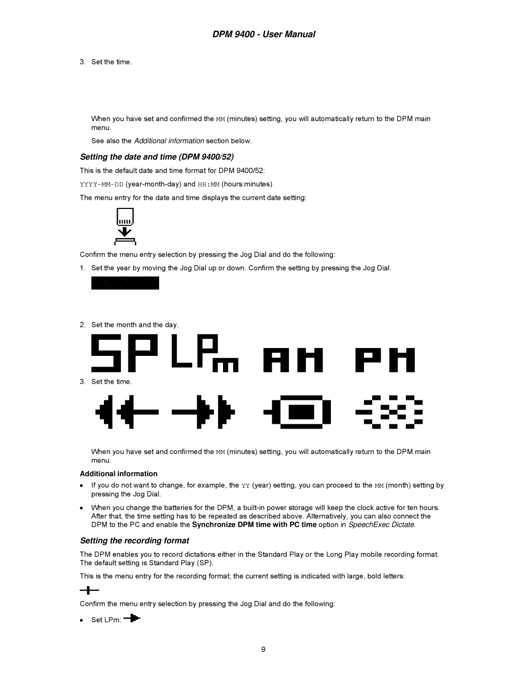 Philips user manual Setting the date and time DPM 9400/52, Setting the recording format, Additional information 