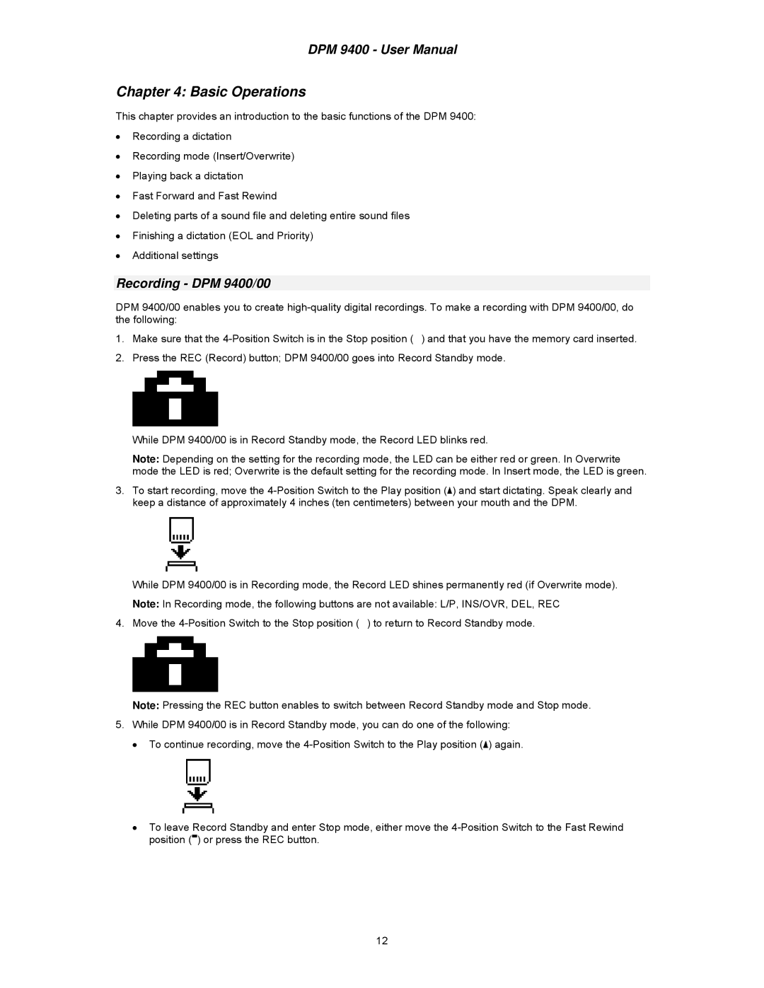 Philips user manual Basic Operations, Recording DPM 9400/00 