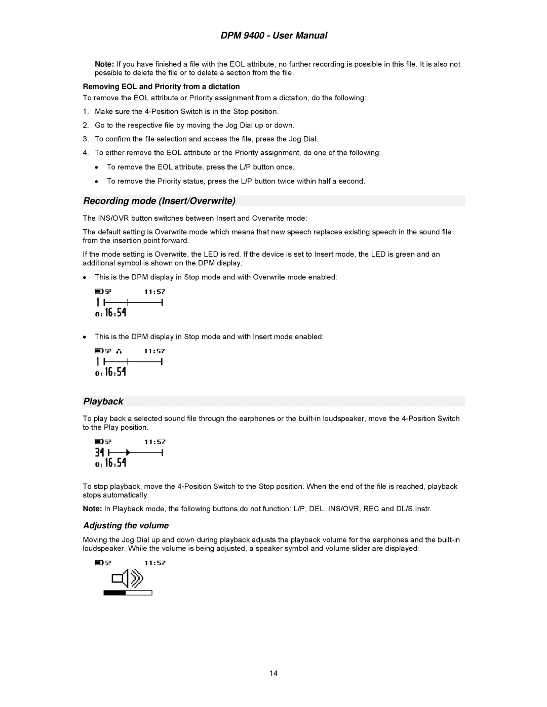 Philips DPM 9400 user manual Recording mode Insert/Overwrite, Playback, Adjusting the volume 